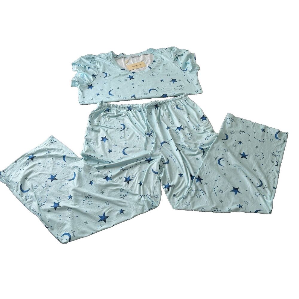 Ekouaer Bundle Of 2 Pajamas Sets Blue Stars/Moon & Coffee Cups Women’s Sz XL NWT - Picture 2 of 10
